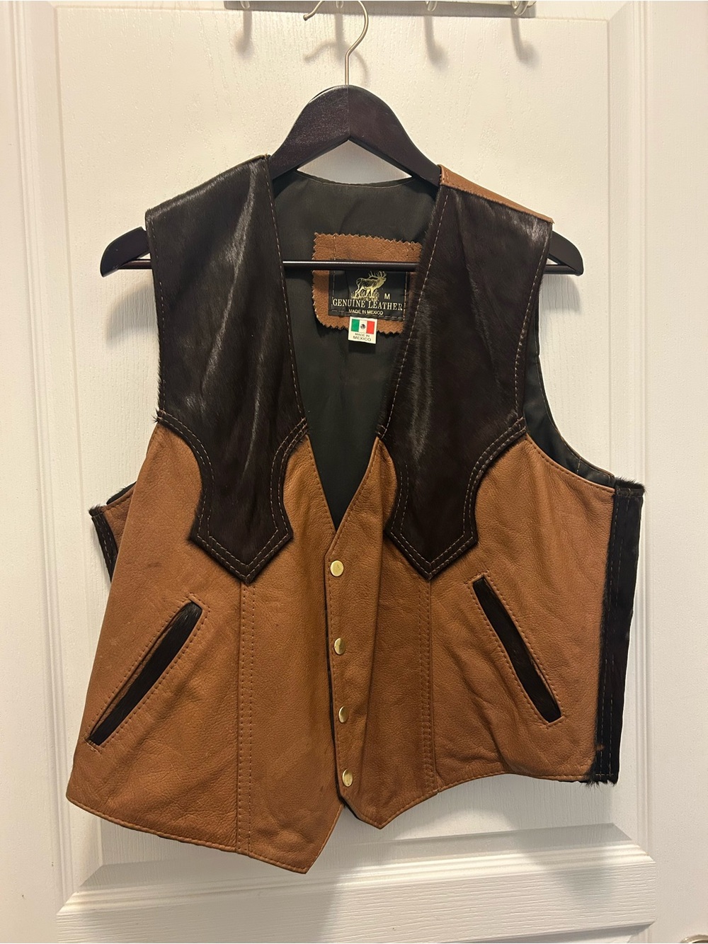 Two-Tone Leather Cowhide Western Vest with Dark Brown Hair